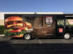 Exterior of Slaters 50/50 burger truck wrap