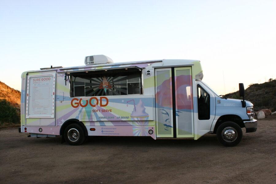 Exterior of Sure Good soft serve ice cream truck wrap serving window side
