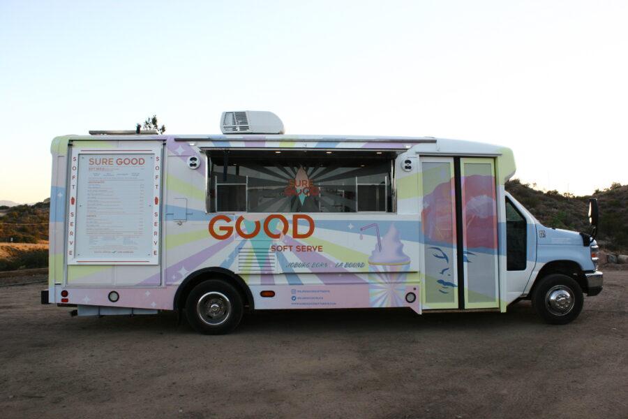 Exterior of Sure Good soft serve ice cream truck wrap serving window side