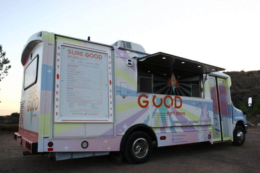Exterior of Sure Good soft serve ice cream truck wrap with menu