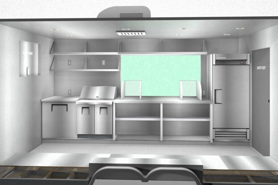 Elevation view of $57,000 Firefly Workhorse trailer kitchen equipment and serving door