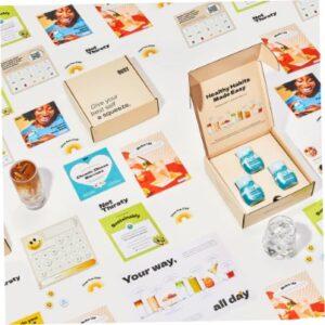 Collage of Buoy hydrating drops packaged goods, flyers and beverages